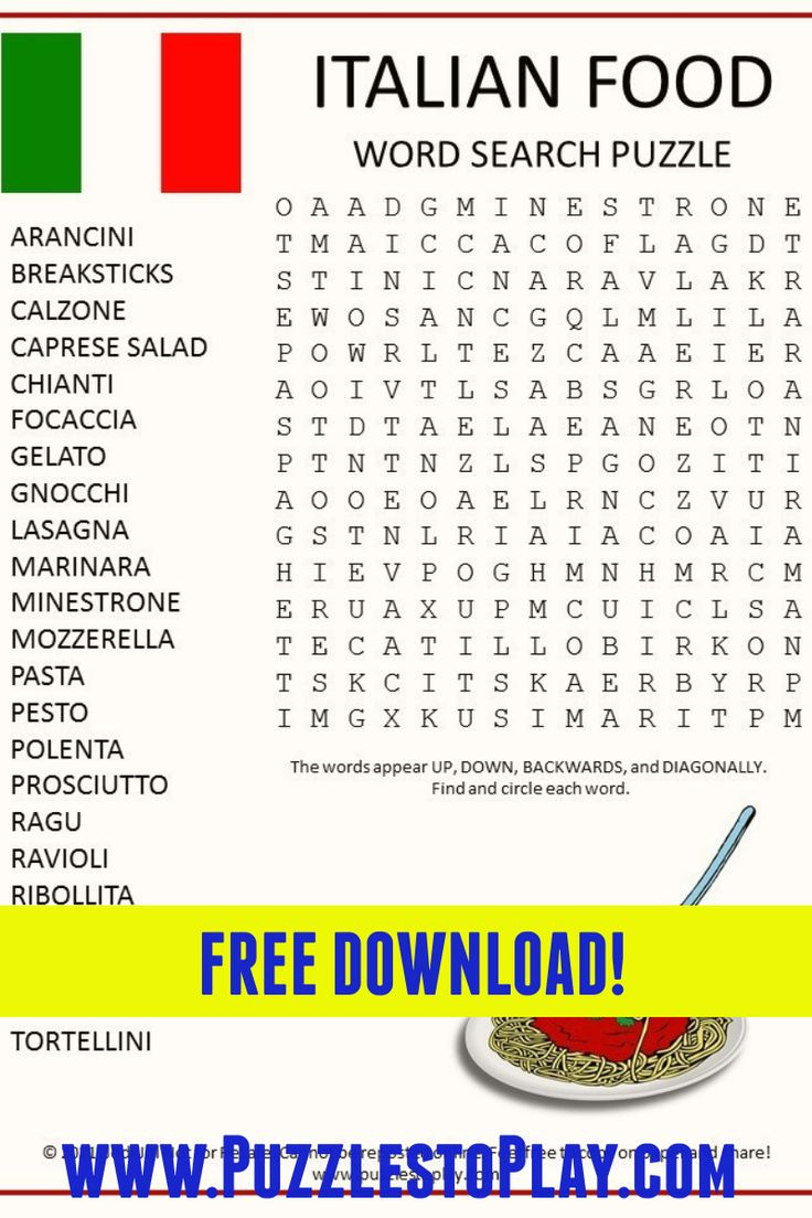 Italian Food Word Search Puzzle - Puzzles To Play with Italian Food Crossword Kids Printable