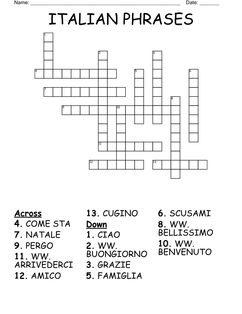 Italian Phrases Crossword - Wordmint pertaining to Italian Crossword Puzzles Free Printable