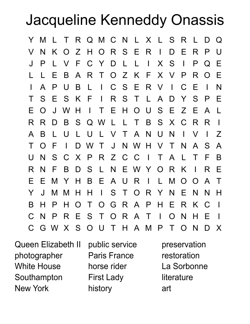 Jacqueline Kenneddy Onassis Word Search - Wordmint inside Crossword Puzzles Printable By Jacqueline