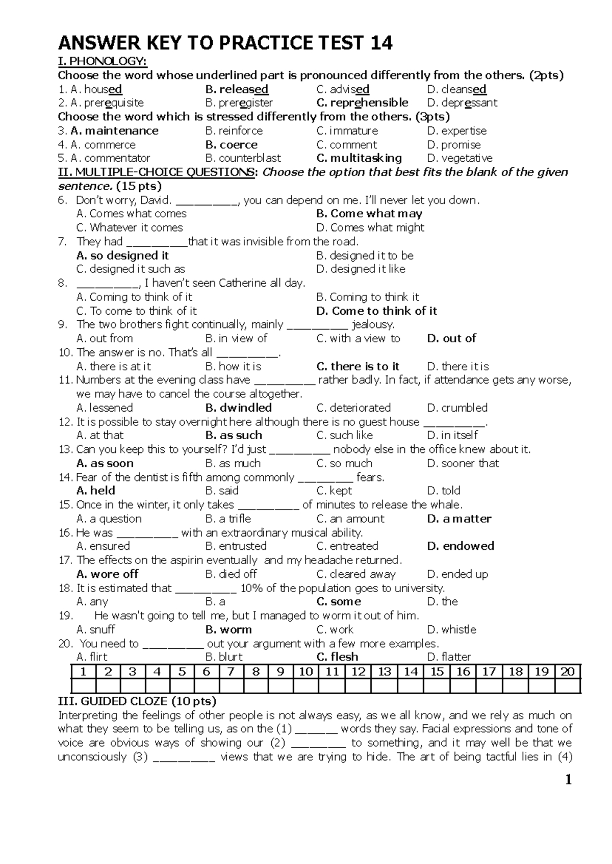 Key To Practice Test 14 - Key - Answer Key To Practice Test 14 I pertaining to Wacky Wordies Answer All Underlined World
