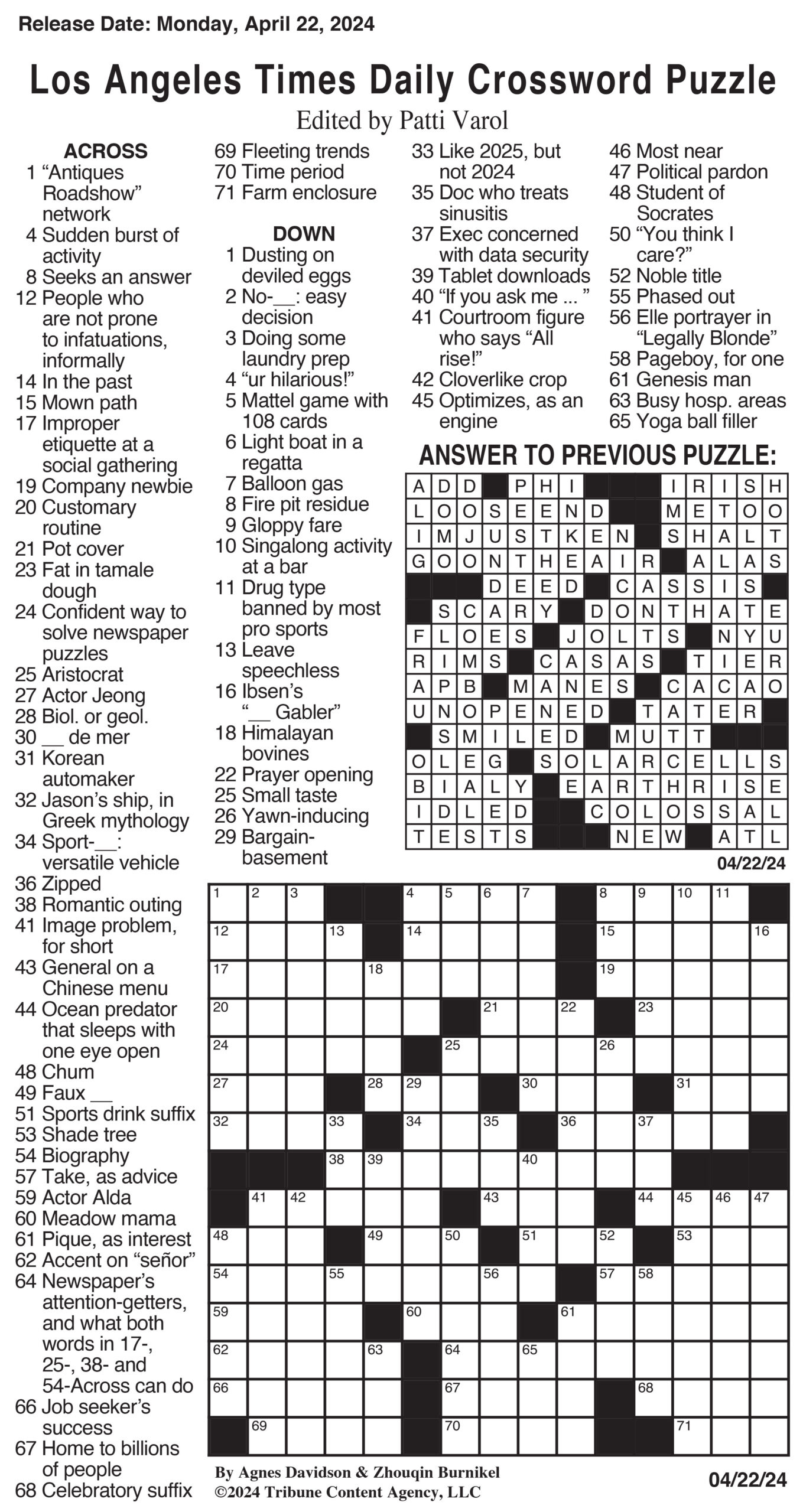 Los Angeles Times Daily Crossword Puzzle with Printable La Crosswords May 2017