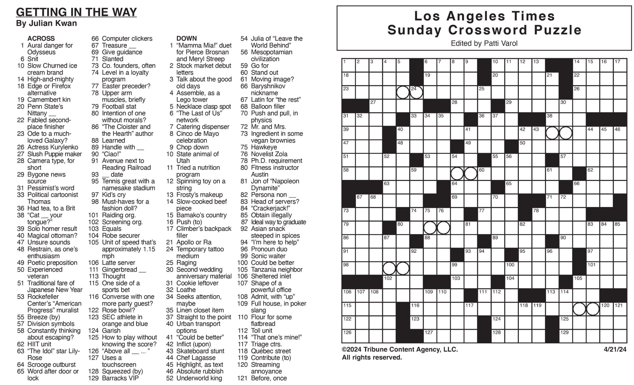 Los Angeles Times Sunday Crossword Puzzle | Tribune Content throughout Suntimes Crossword Puzzles Download