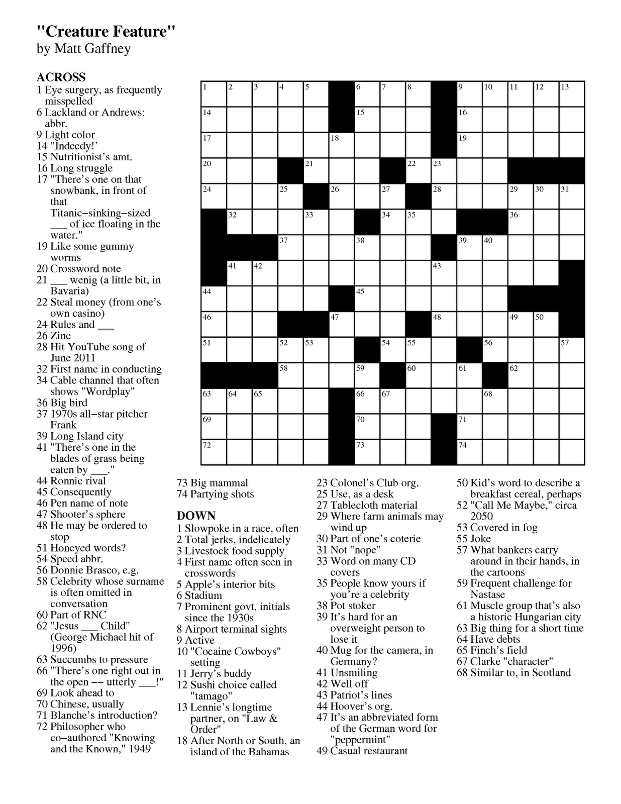 Mgwcc #222 — Friday, August 31St, 2012 — “Creature Feature” | Matt with regard to Creature Feature Matt Gaffney Crossword Answers Free Printable