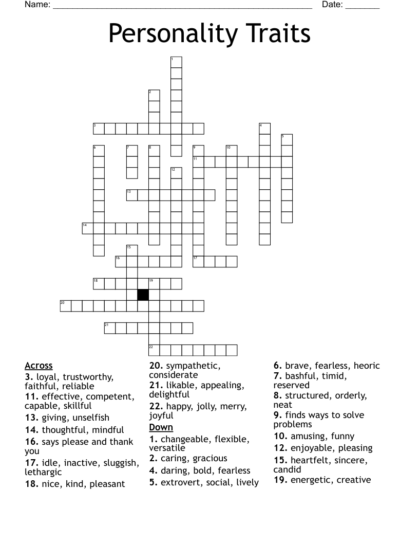 Personality Traits Crossword - Wordmint inside Personality Traits Crossword Puzzle