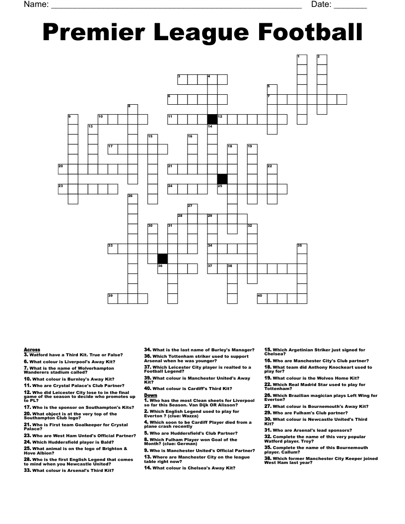 Premier League Football Crossword - Wordmint regarding Premier Crossword
