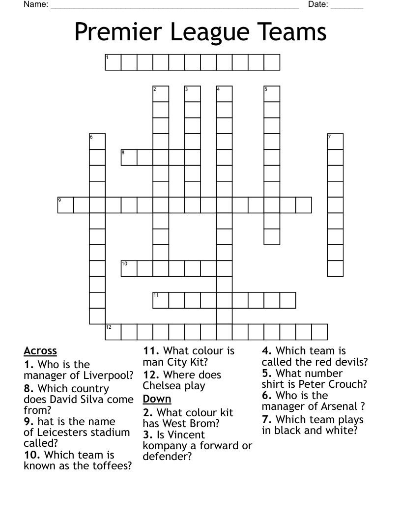 Premier League Teams Crossword - Wordmint within Premier Crossword
