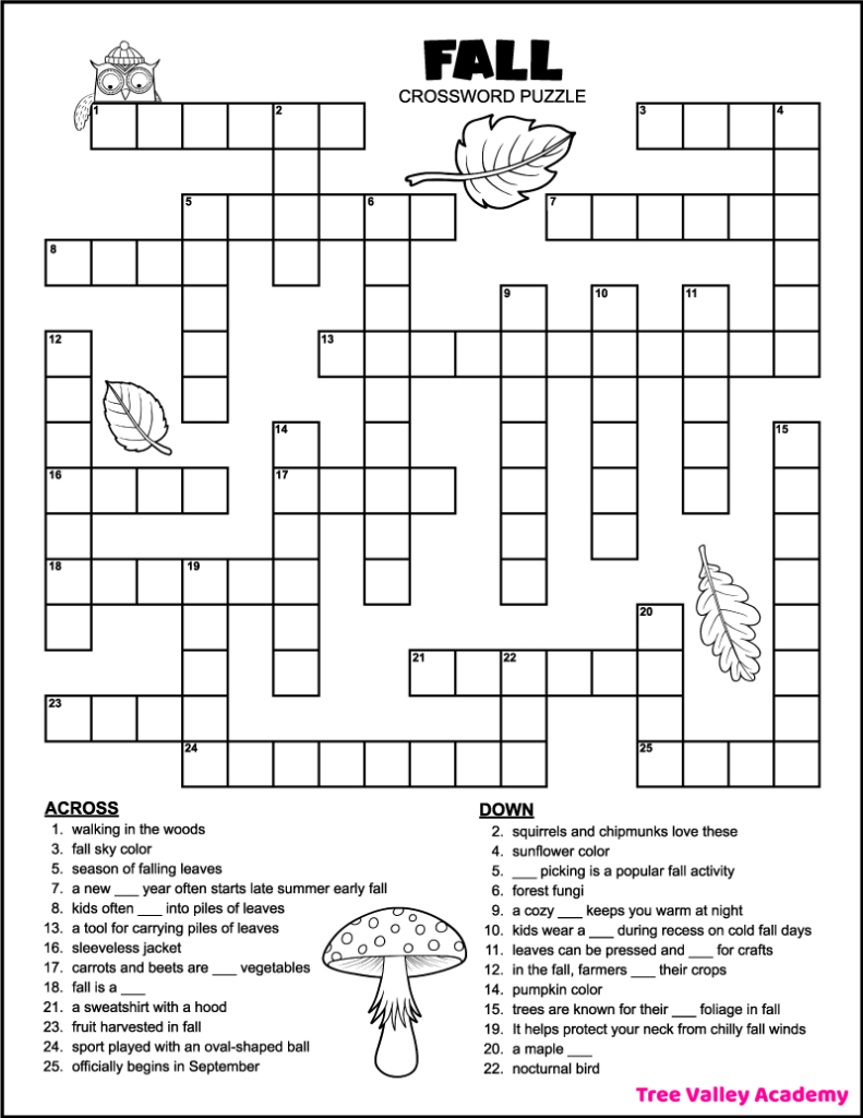Printable 4Th Grade Fall Crossword Puzzle - Tree Valley Academy throughout Crossword With Word Bank Printable