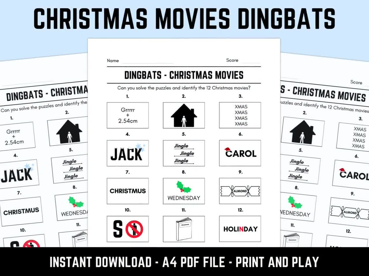 Printable Christmas Movies Dingbats Picture Quiz With Answers: Downloadable Xmas Rebus Puzzles, Pub Quiz Sheets, Family Game Night inside Christmas Quiz Dingbats With Answers