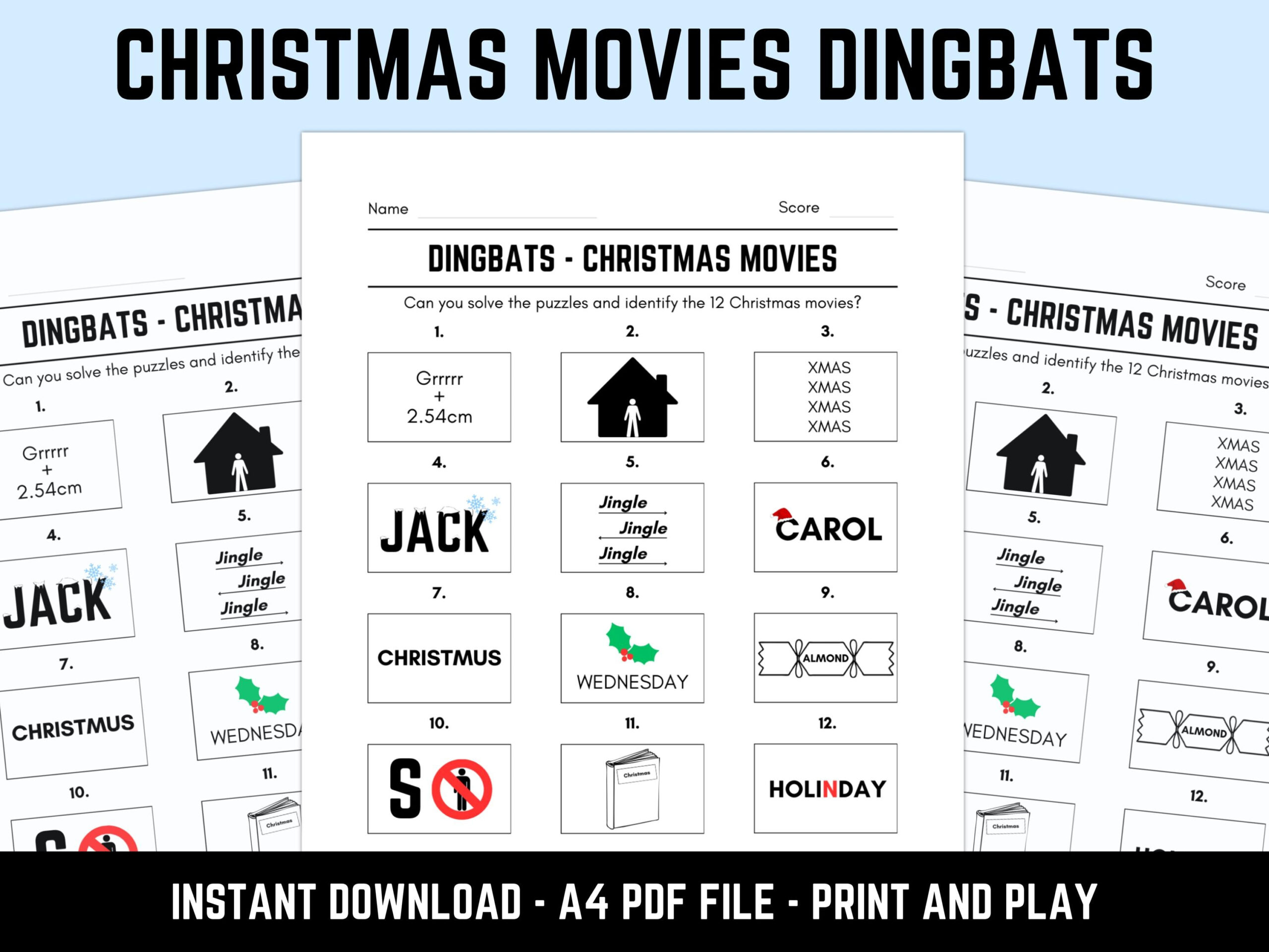 Printable Christmas Movies Dingbats Picture Quiz With Answers: Downloadable Xmas Rebus Puzzles, Pub Quiz Sheets, Family Game Night within Christmas Dingbats With Answers Free