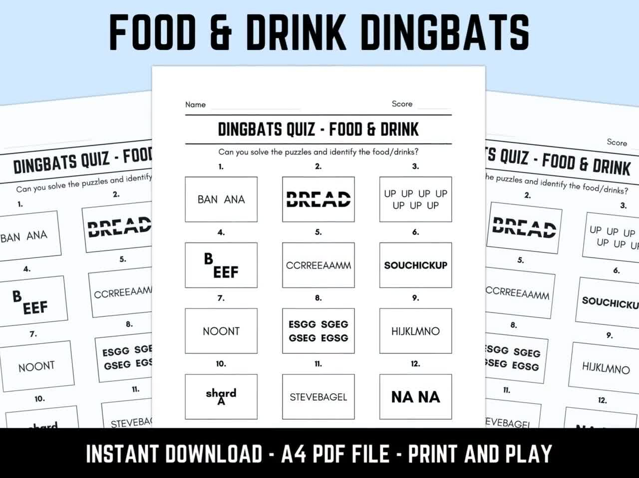 Printable Food And Drink Dingbats Picture Quiz With Answers: Downloadable Rebus Puzzles, Pub Quiz Sheets, Family Game Night with regard to Dingbats Quiz Questions and Answers