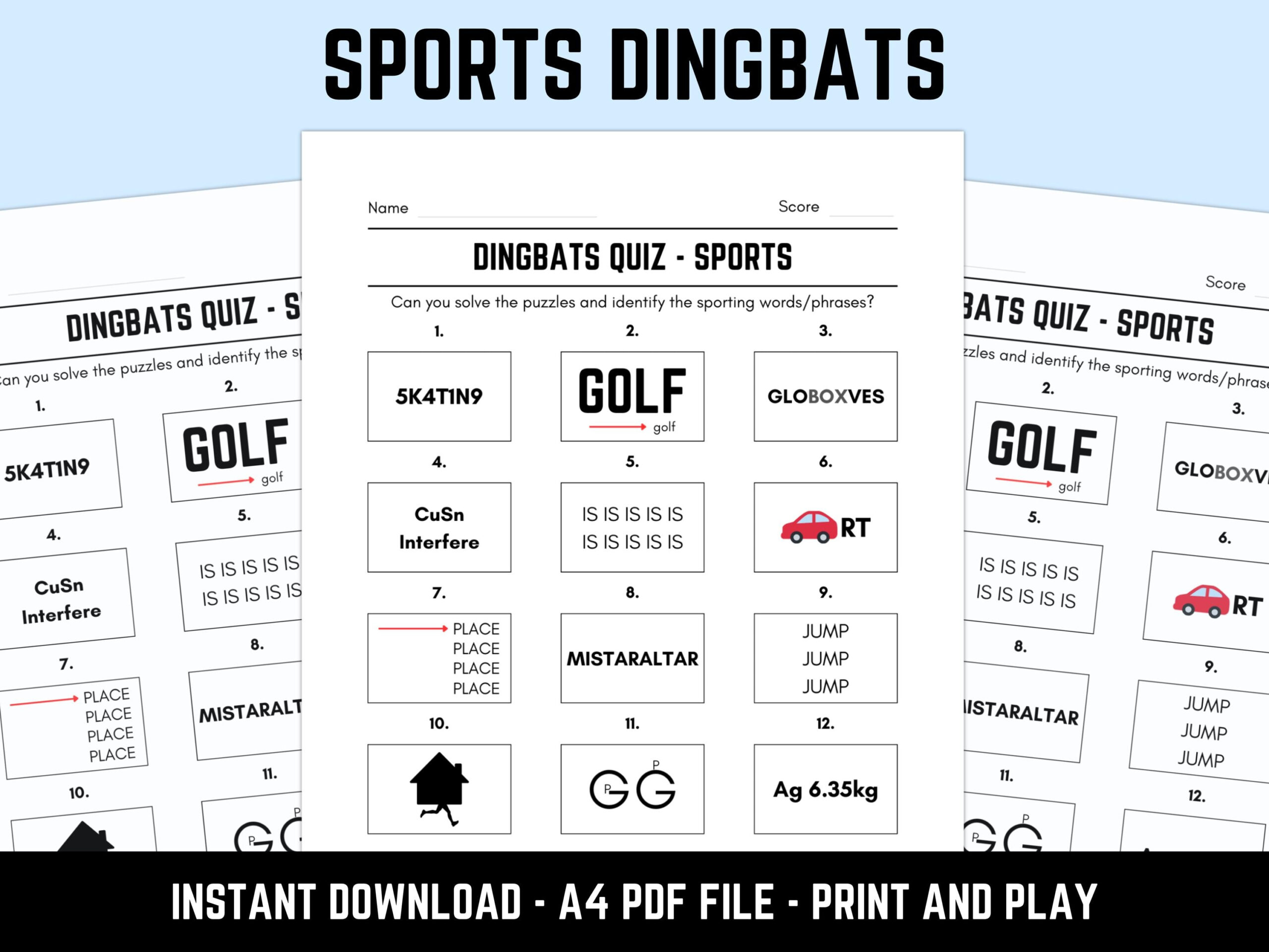 Printable Sports Dingbats Picture Quiz With Answers: Downloadable Rebus Puzzles, Pub Quiz Sheets, Family Game Night with regard to Easy Dingbats Template