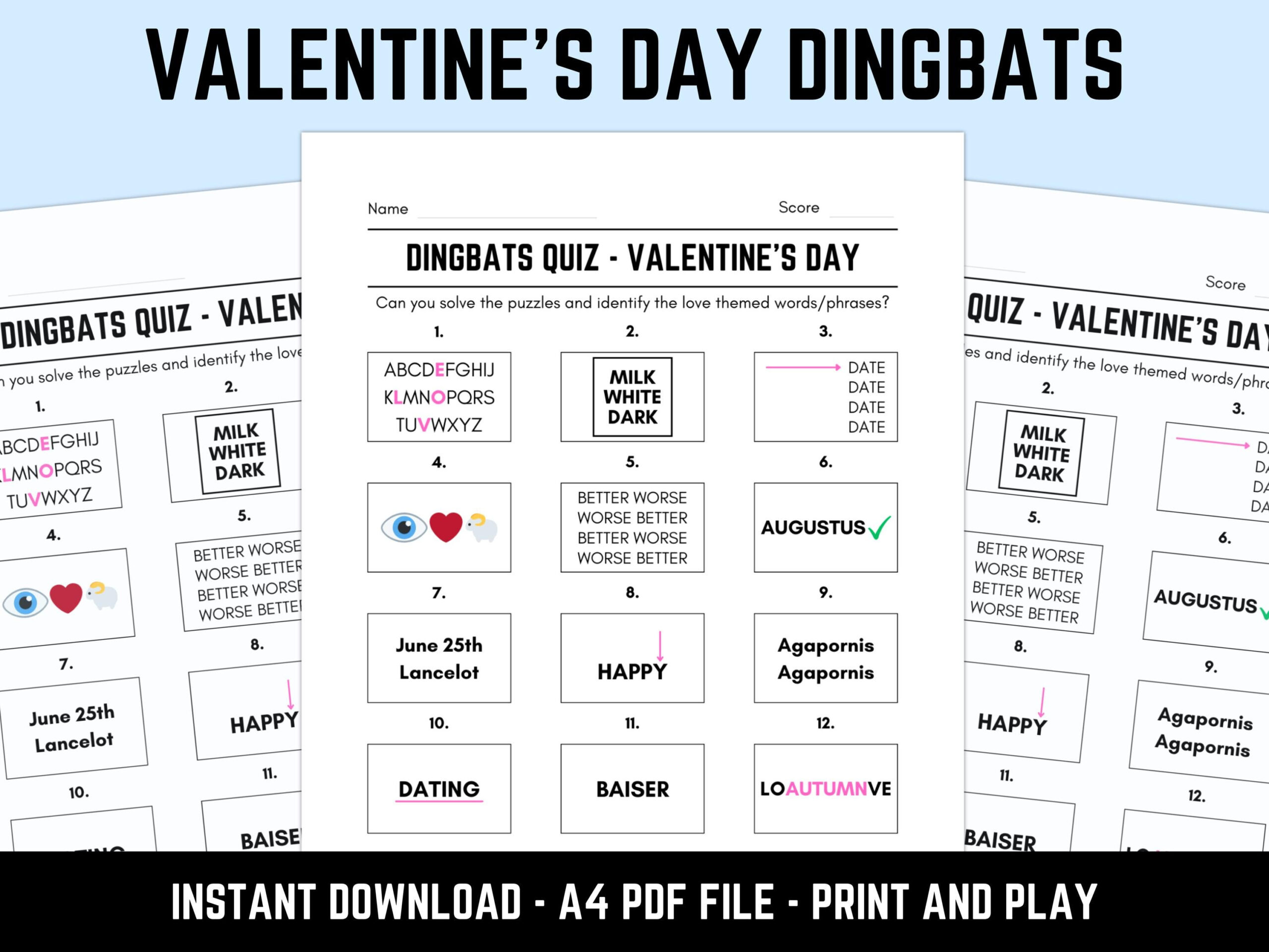Printable Valentine’s Day Dingbats Picture Quiz: Downloadable Rebus Puzzles, Pub Quiz Sheets with Easter Dingbat Puzzle Free Printable