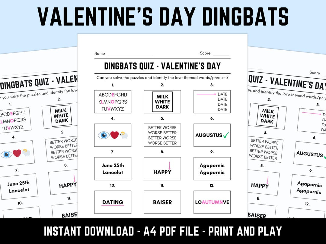 Printable Valentine’s Day Dingbats Picture Quiz: Downloadable Rebus Puzzles, Pub Quiz Sheets with Easter Dingbats Printable With Answers