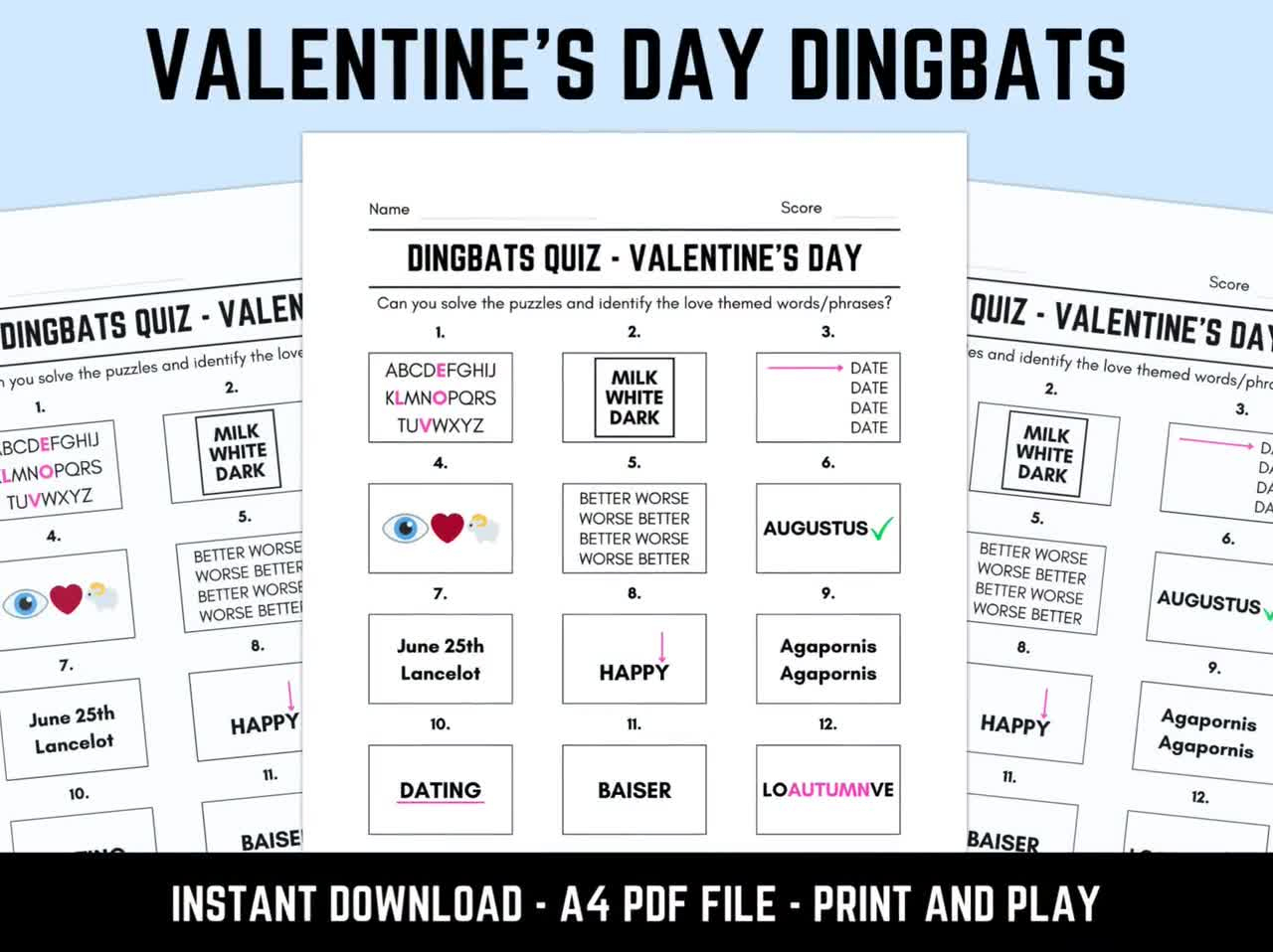 Printable Valentine’s Day Dingbats Picture Quiz With Answers: Instant Download Pdf inside Easter Dingbats with Answers