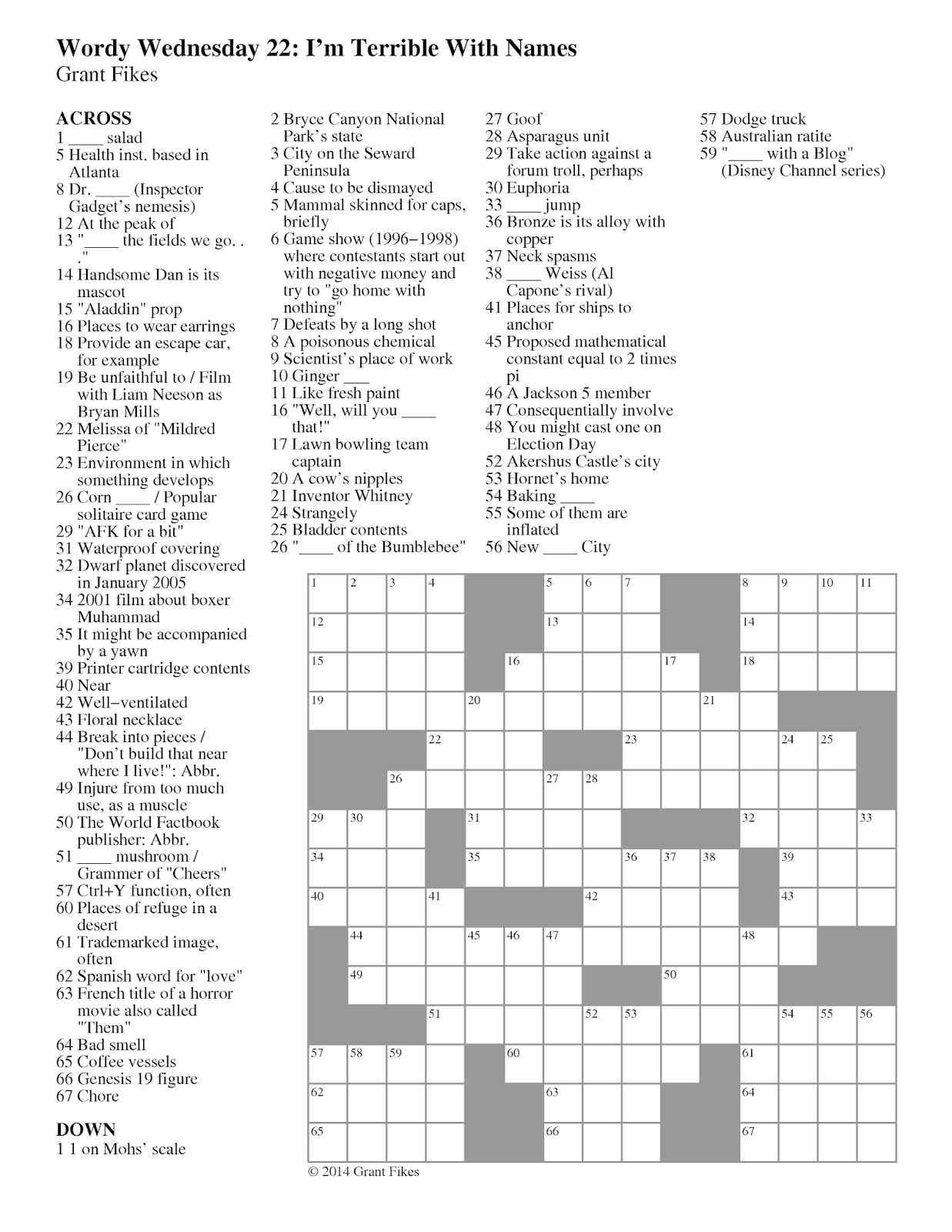 Printer Friendly Copy Of Thread regarding Creature Feature Matt Gaffney Crossword Answers Free Printable