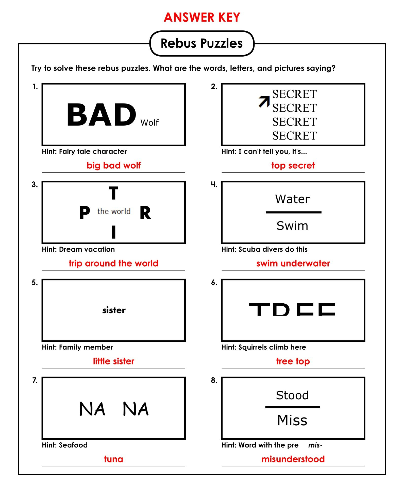 Rebus Puzzles: 8 Dingbat Puzzle Ideas To Save Today | Word Puzzles for Printable Pictogram Puzzles With Answers