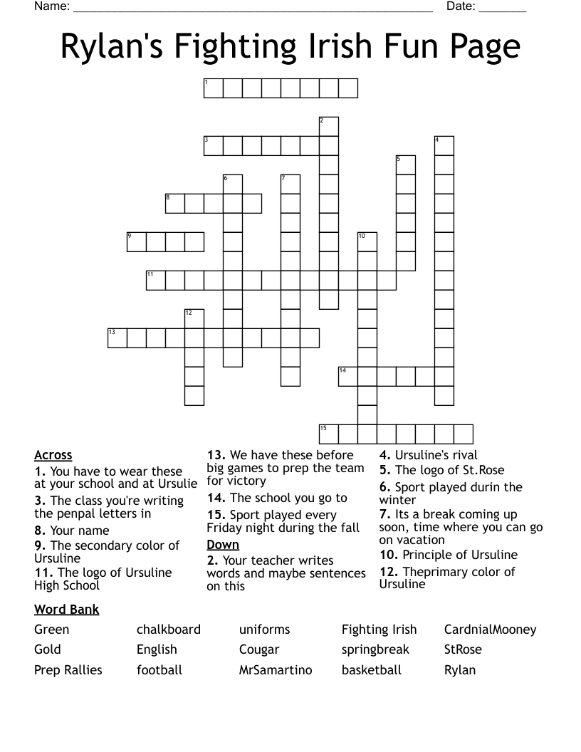 Rylan&amp;#039;S Fighting Irish Fun Page Crossword - Wordmint with regard to Funny Crosswords High School
