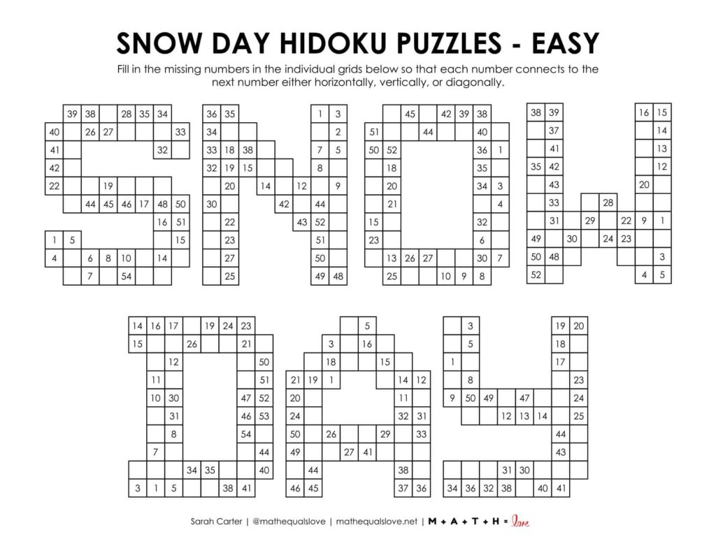 Snow Day Hidoku Logic Puzzles | Math = Love throughout Printable Ditloids Puzzles With Answers