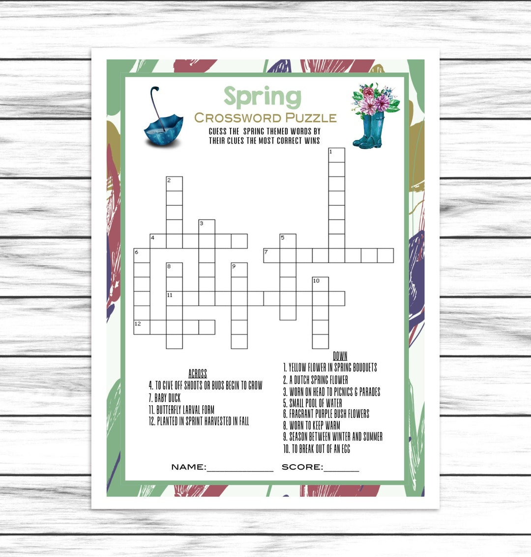 Spring Crossword Puzzle Game, Spring Party Game, Word Game, For intended for Crossword Spring Theme Adult