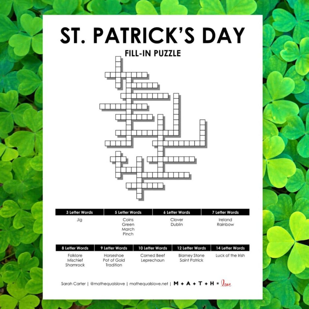 St. Patrick&amp;#039;S Day Fill-In Puzzle | Math = Love intended for Free Printable Clueless Crosswords