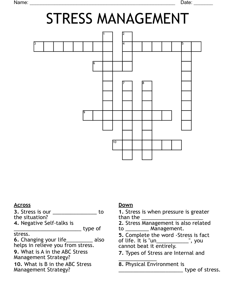 Stress Management Crossword - Wordmint in Free Stress Management Crossword Puzzle