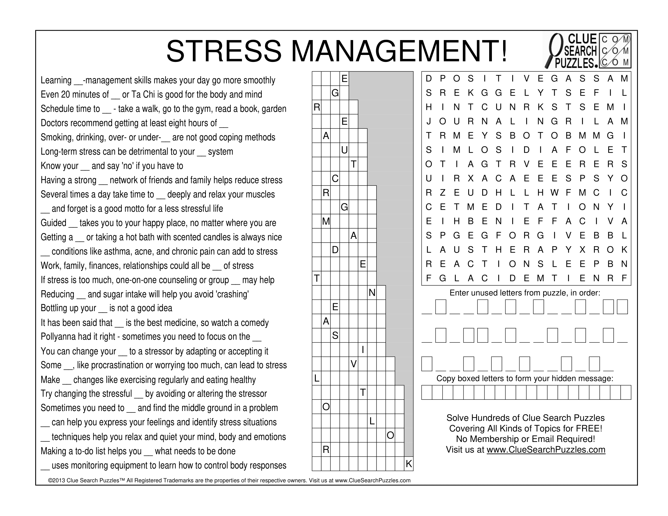 Stress Management Trivia Quiz in Free Stress Management Crossword Puzzle