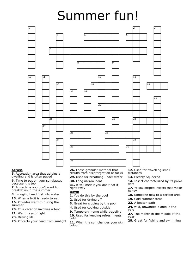 Summer Fun! Crossword - Wordmint within Fun Crossword For High School