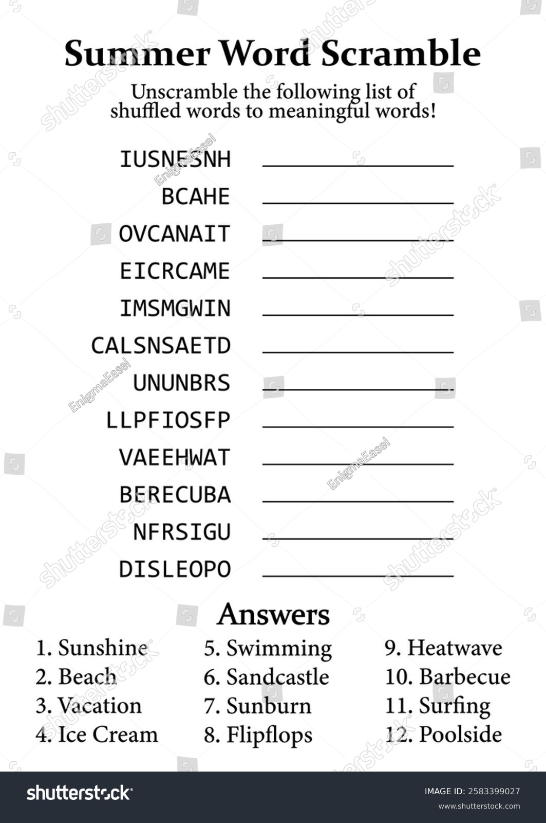 Summer Word Scramble Puzzle Fun Educational Stock Vector (Royalty in Summer Adult Anagram Puzzle Free Printable