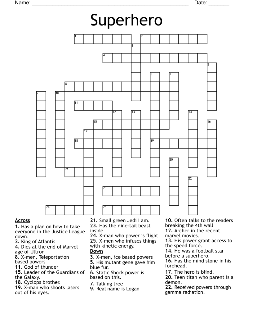 Superhero Crossword - Wordmint throughout Superhero Crosswords Printable
