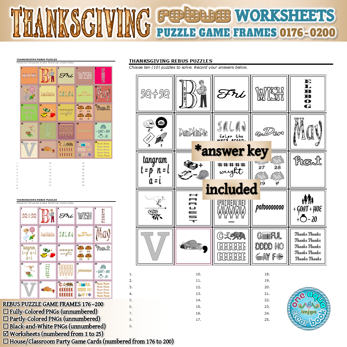 Thanksgiving Rebus Puzzle Game Frames 176–200 Worksheets | Made in Free Printable Wacky Word Puzzles