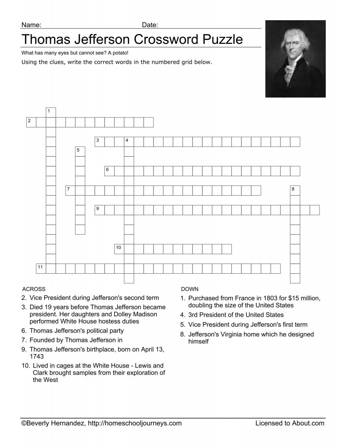Thomas Jefferson Crossword Puzzle - Homeschooling - About within Thomas Crossword Printable