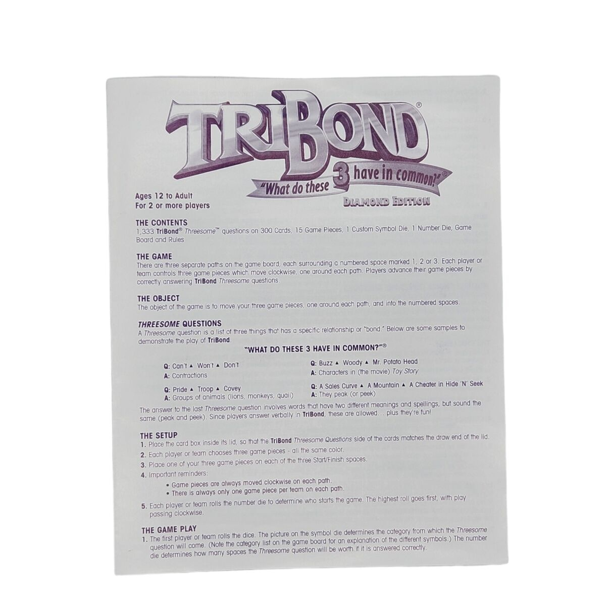 Tribond Diamond Edition Board Game Replacement Instructions, 1998 within Football Tribond Questions