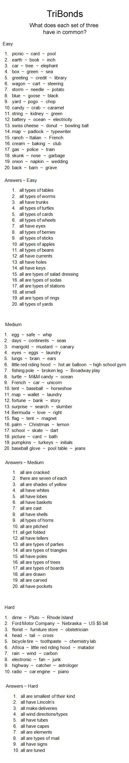 Tribond - Three Words With A Common Bond. Easy, Medium, And Hard throughout Tribond Words Examples List