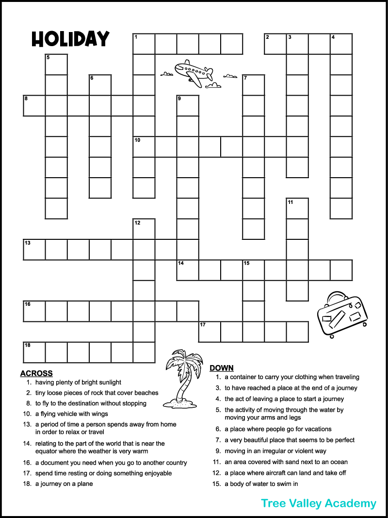 Vacation Crossword Puzzles - Tree Valley Academy regarding Holiday Crossword Adults