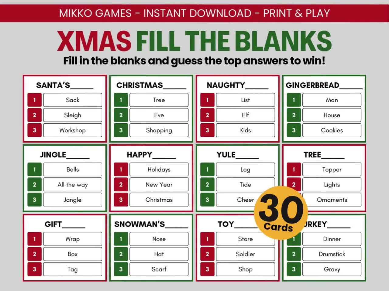 Xmas Fill The Blanks: Printable Large Group Party Game For Kids &amp;amp; Adults, Blankety Blank Super Match Game For Christmas Parties intended for Christmas Cheer Puzzle Fill-In Answers