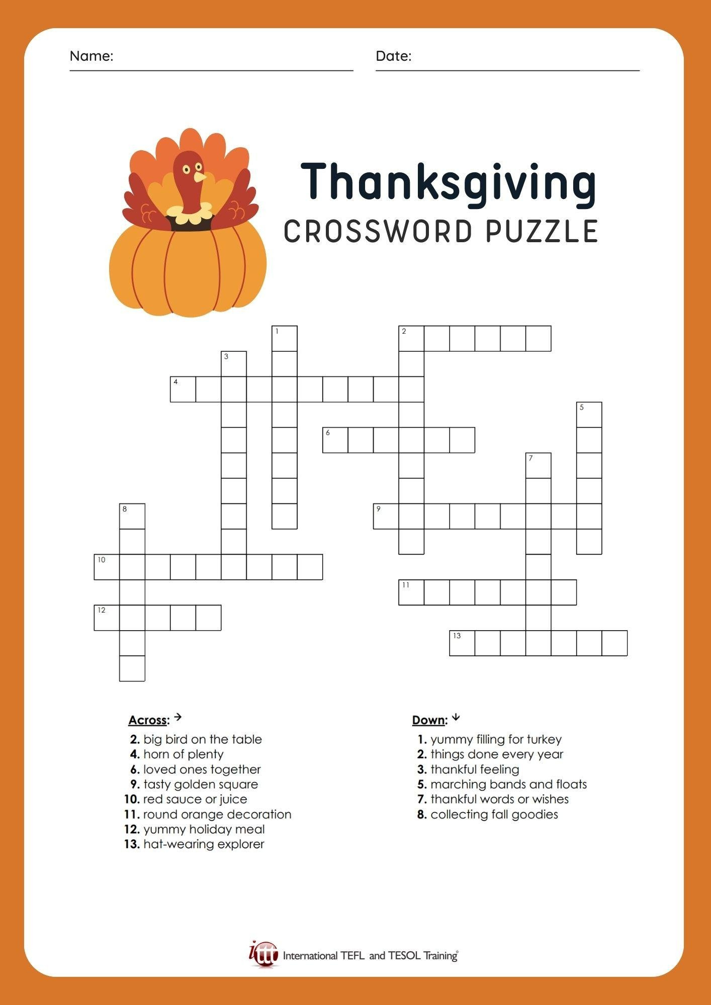 Efl Thanksgiving Vocabulary Crossword Puzzle | ✔️ ✔️ ✔️ Ittt throughout Thanksgiving Vocabulary Puzzle