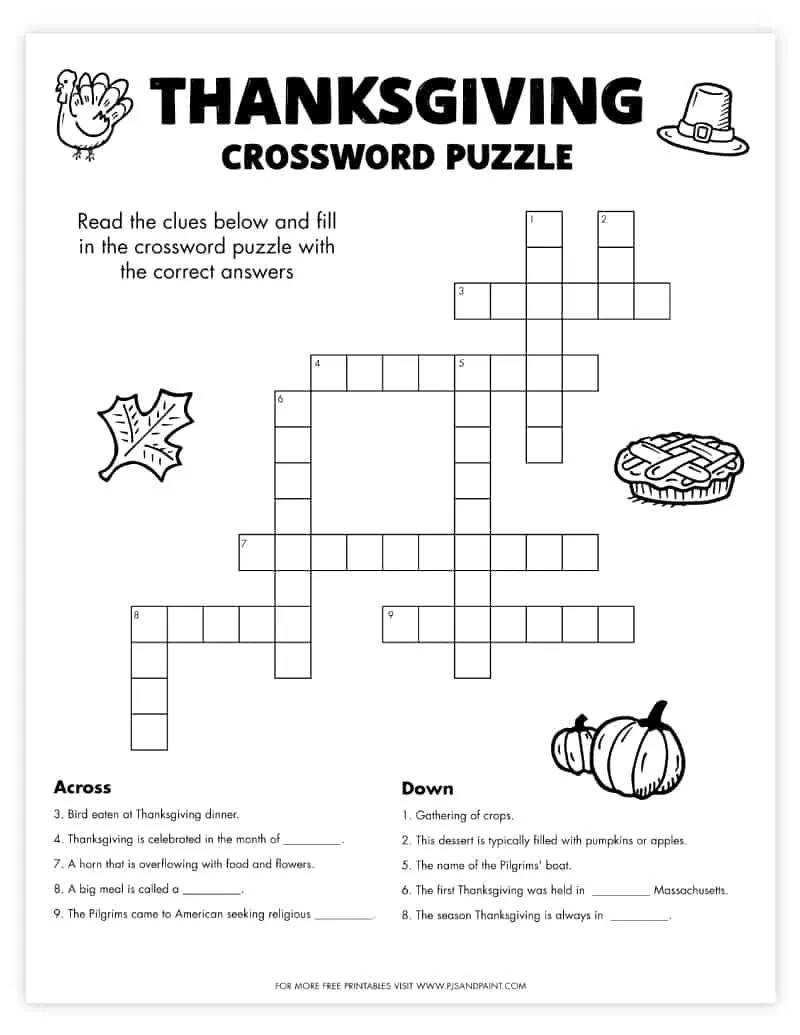 Free Printable Thanksgiving Crossword Puzzle - Pjs And Paint throughout Thanksgiving Crossword Puzzles to Print