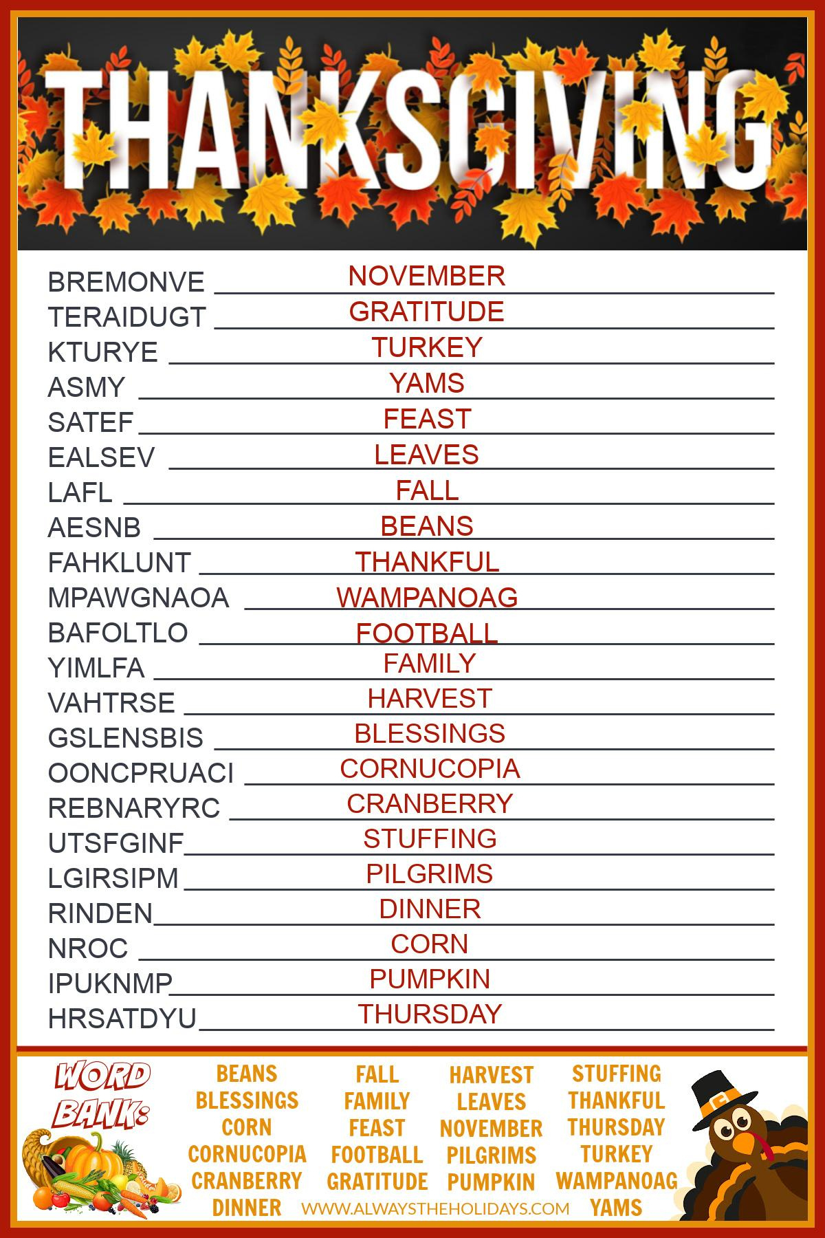 Get A Free Printable Thanksgiving Word Scramble With Answers in Thanksgiving Word Puzzle Answers