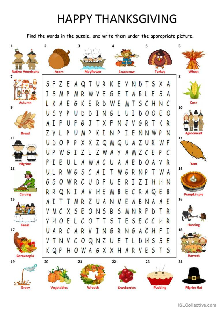 Happy Thanksgiving - Wordsearch Puzz…: English Esl Worksheets Pdf throughout Happy Thanksgiving Puzzle