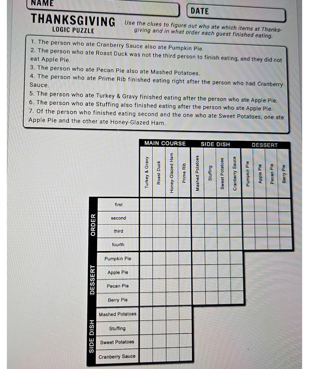 Solved Thanksgiving Logic Puzzle Use The Clues To Figure Out with Thanksgiving Logic Puzzle Answer Key
