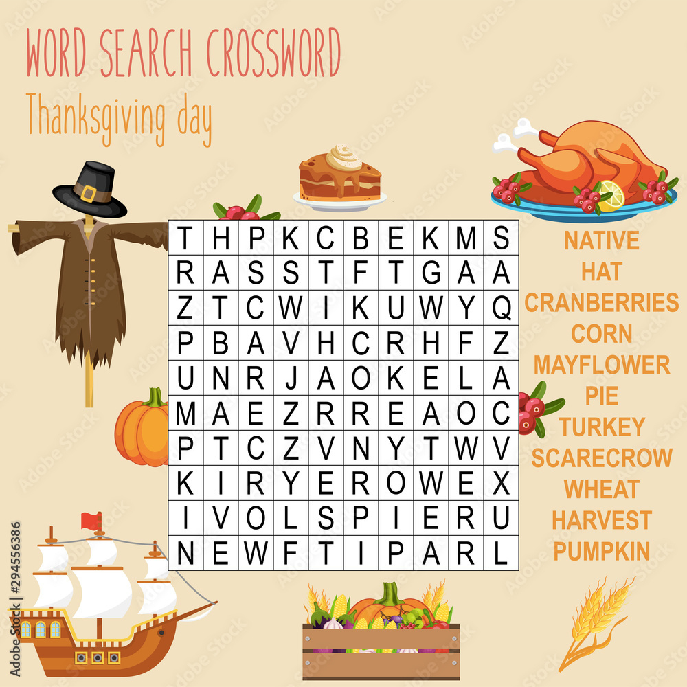 Stock-Vektorgrafik „Easy Word Search Crossword Puzzle intended for Fun Thanksgiving Crossword Puzzles