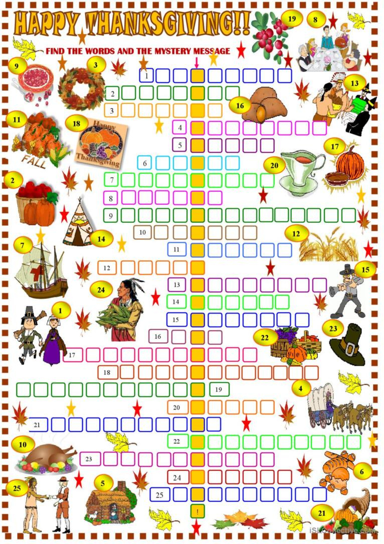 Thanksgiving: Crossword Puzzl…: English Esl Worksheets Pdf &amp;amp; Doc within Esl Thanksgiving Crossword Puzzle