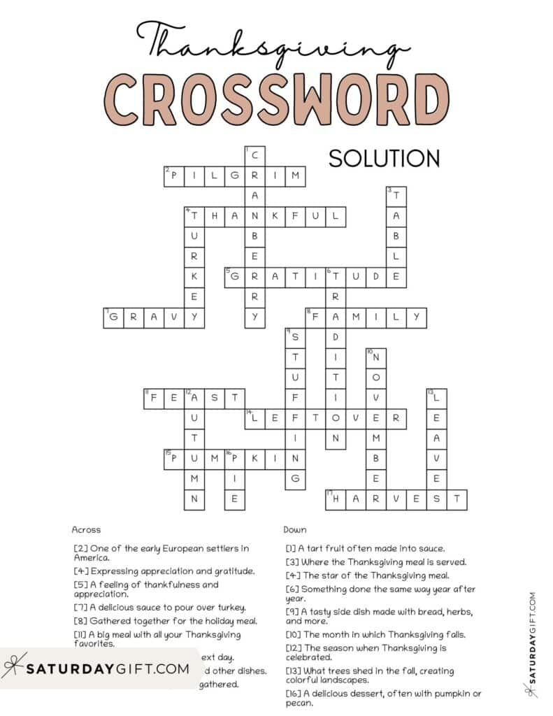 Thanksgiving Crossword Puzzle - Cute &amp;amp; Free Printable | Saturdaygift inside Answer Key Thanksgiving Crossword Puzzle Answers