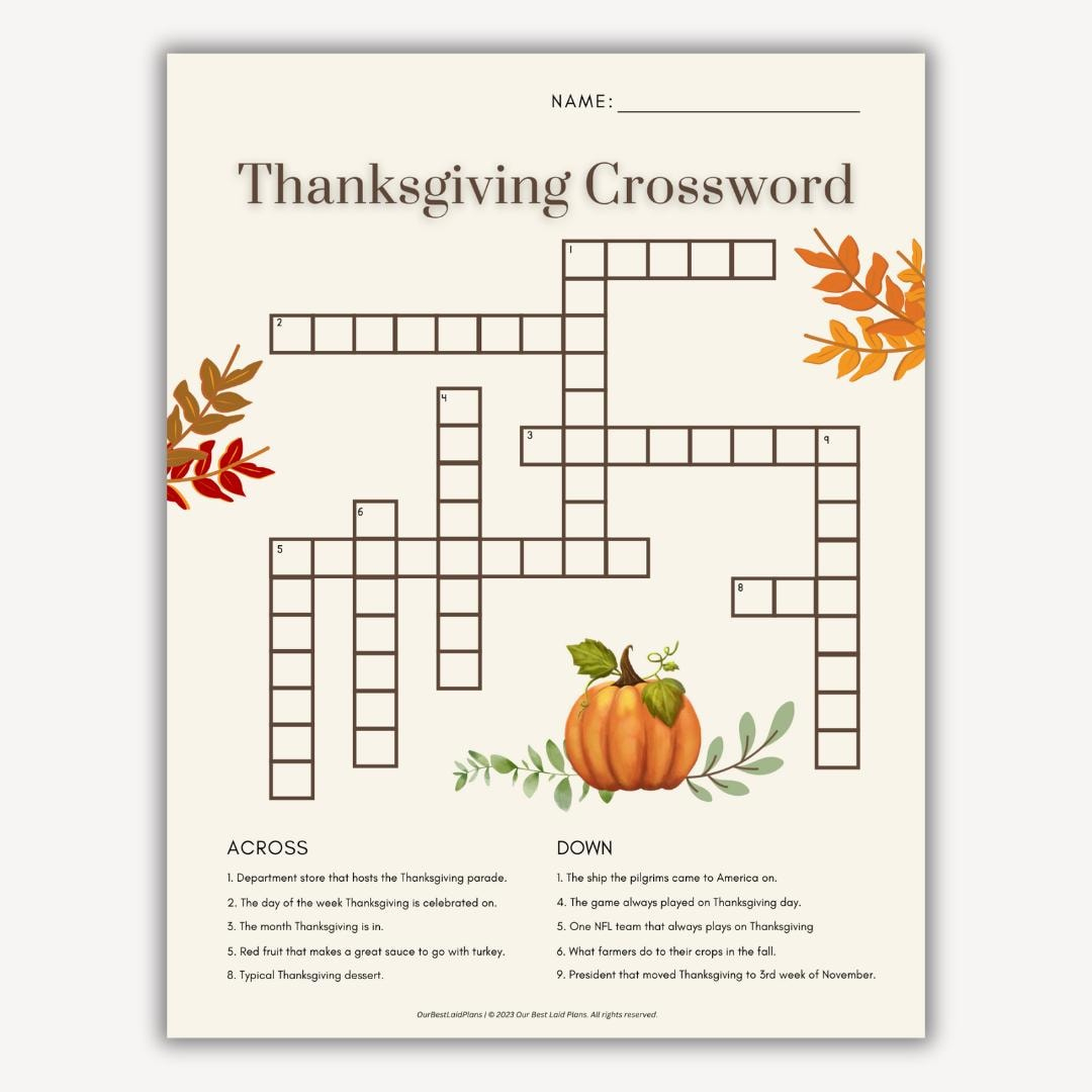 Thanksgiving Crossword Puzzle, Thanksgiving Crossword Printable in Thanksgiving Day Crossword Puzzle