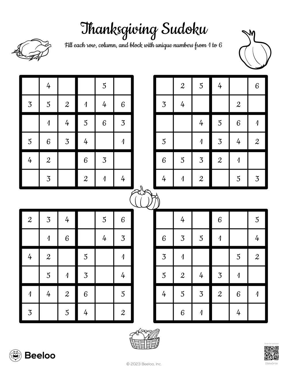 Thanksgiving Sudoku • Beeloo Printable Crafts And Activities For Kids inside Thanksgiving Sudoku Puzzle