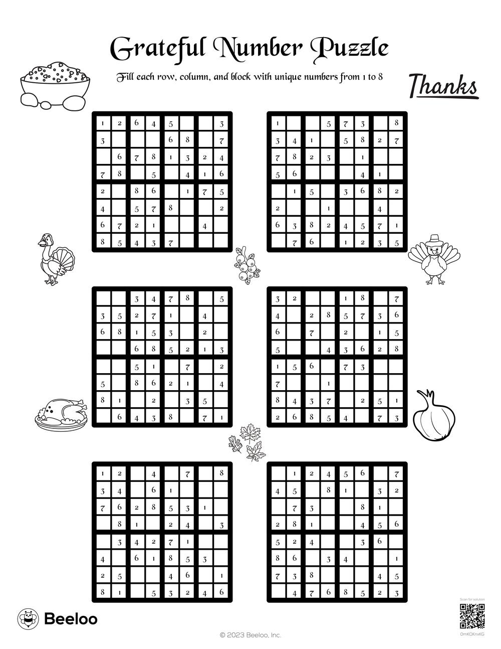 Thanksgiving-Themed Sudoku Puzzles • Beeloo Printable Crafts And regarding Thanksgiving Sudoku Puzzle