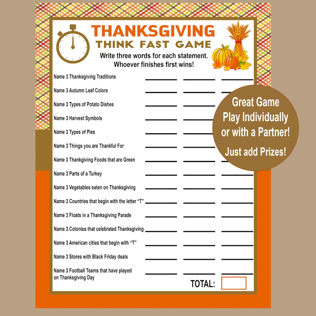 Thanksgiving Trivia Game, Think Fast Game, Thanksgiving Printable within Thanksgiving Printable Games And Puzzles