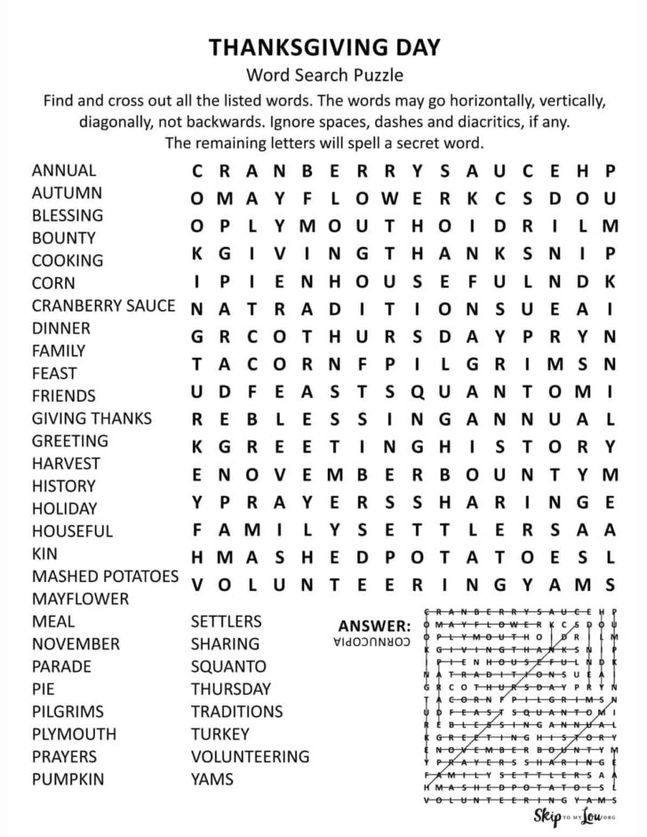 Thanksgiving A Massive Word Search Puzzle Answer Key