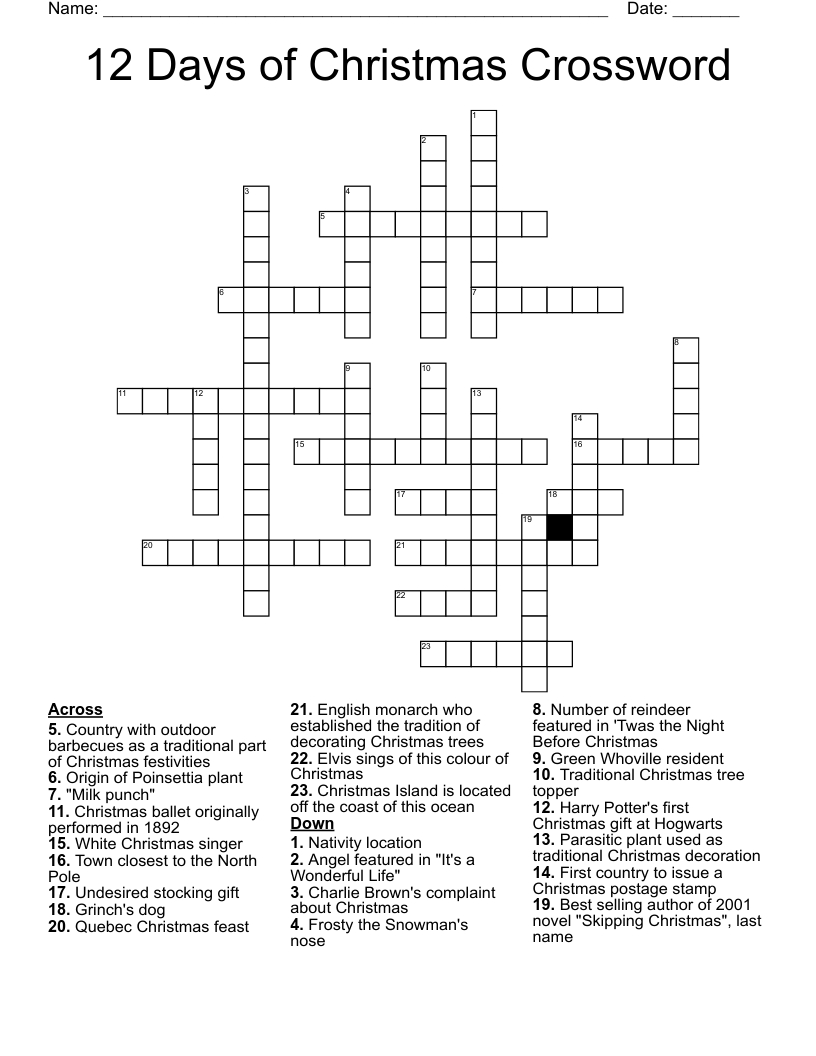 12 Days Of Christmas Crossword - Wordmint intended for Classic Christmas Gift Crossword