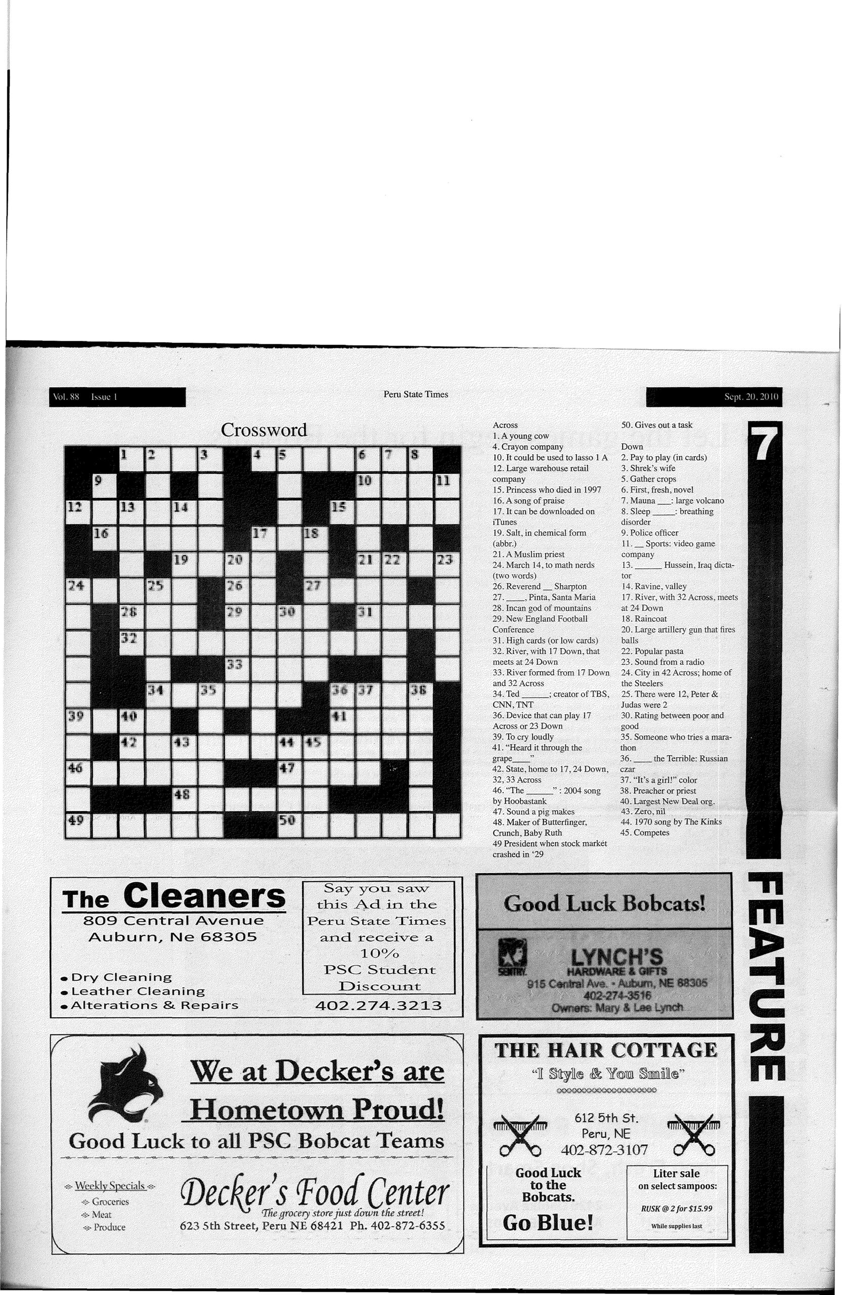 2010-2011 Peru State Times (Peru, Ne) - Issues 1-8Peru State for Emmet Band Christmas Daily Themed Crossword